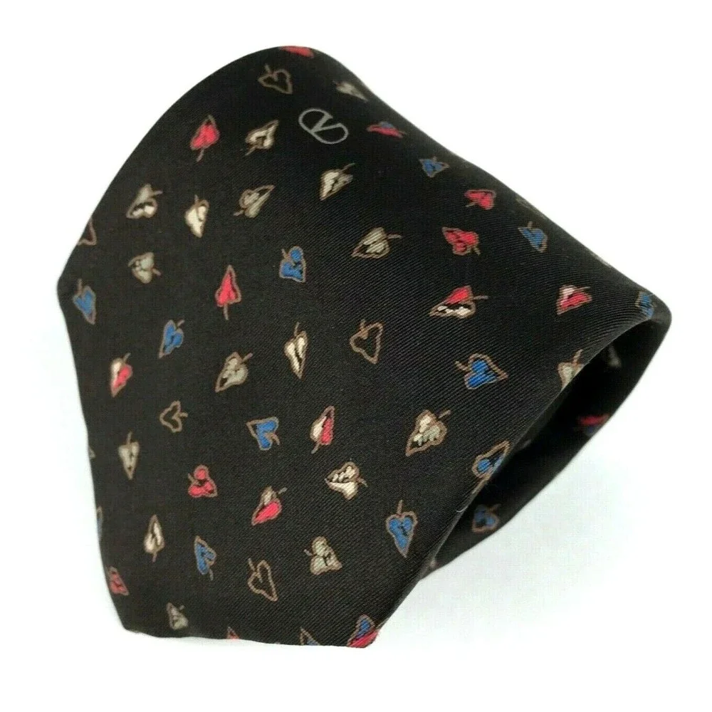 Valentino 834 Black Silk Tie Leaves Fall Theme Slim Classic 3
